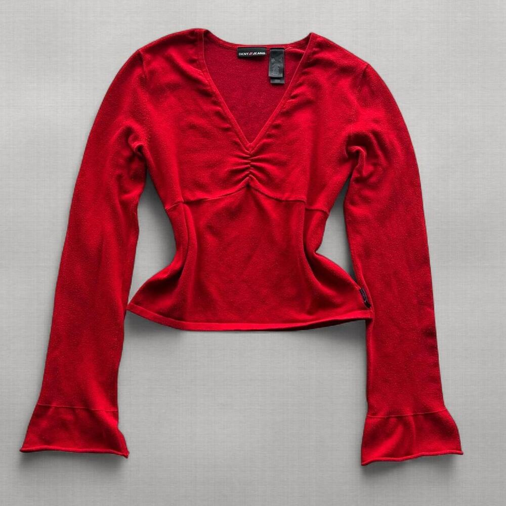 Y2K DKNY Jeans Cherry Red Ruched V Neck Bell Sleeve Knit Top Sweater Womens S
